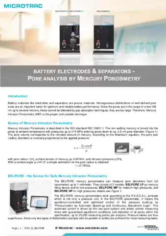 Battery Electrodes and Separators Pore Analysis by Mercury Porosimetry