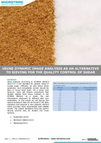 Using Dynamic Image Analysis as an Alternative to Sieving for the quality control of sugar