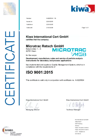 Microtrac Retsch ISO 9001:2015 Certificate