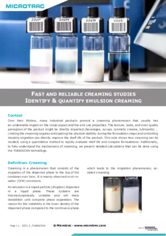 Creaming Studies With the TURBISCAN