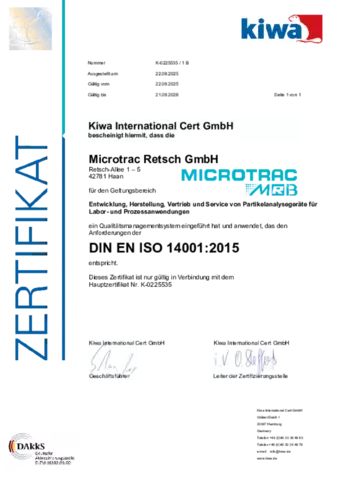 Microtrac Retsch DIN EN ISO 14001:2015 Zertifikat