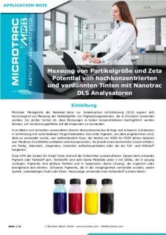 Tinte: Partikelgröße und Zetapotential in hohen Konzentrationen