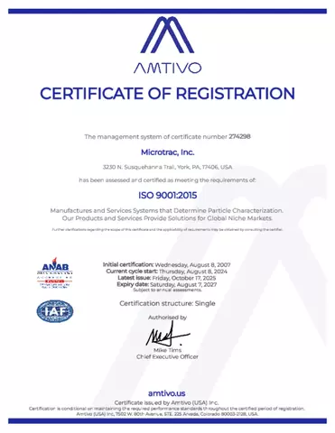 Microtrac Inc. ISO 9001:2015 Certificate 